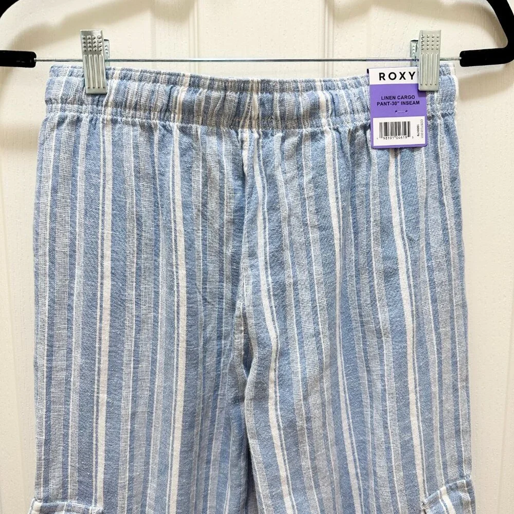 Roxy Women's Linen Blend Cargo Pant Size XS Blue Cottagecore Coastal Boho (NEW)